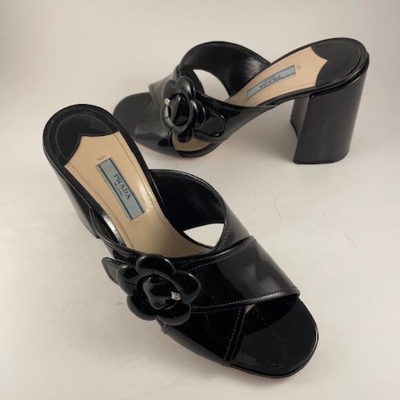 Prada Black Patent Leather Chunky heeled Mules, size 8.5, superb condition - Picture 1 of 4